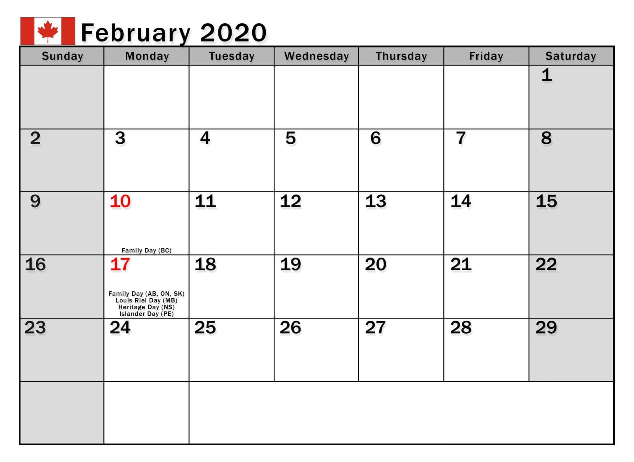 February 2020 Calendar With Holidays Us, Uk, Canada, India