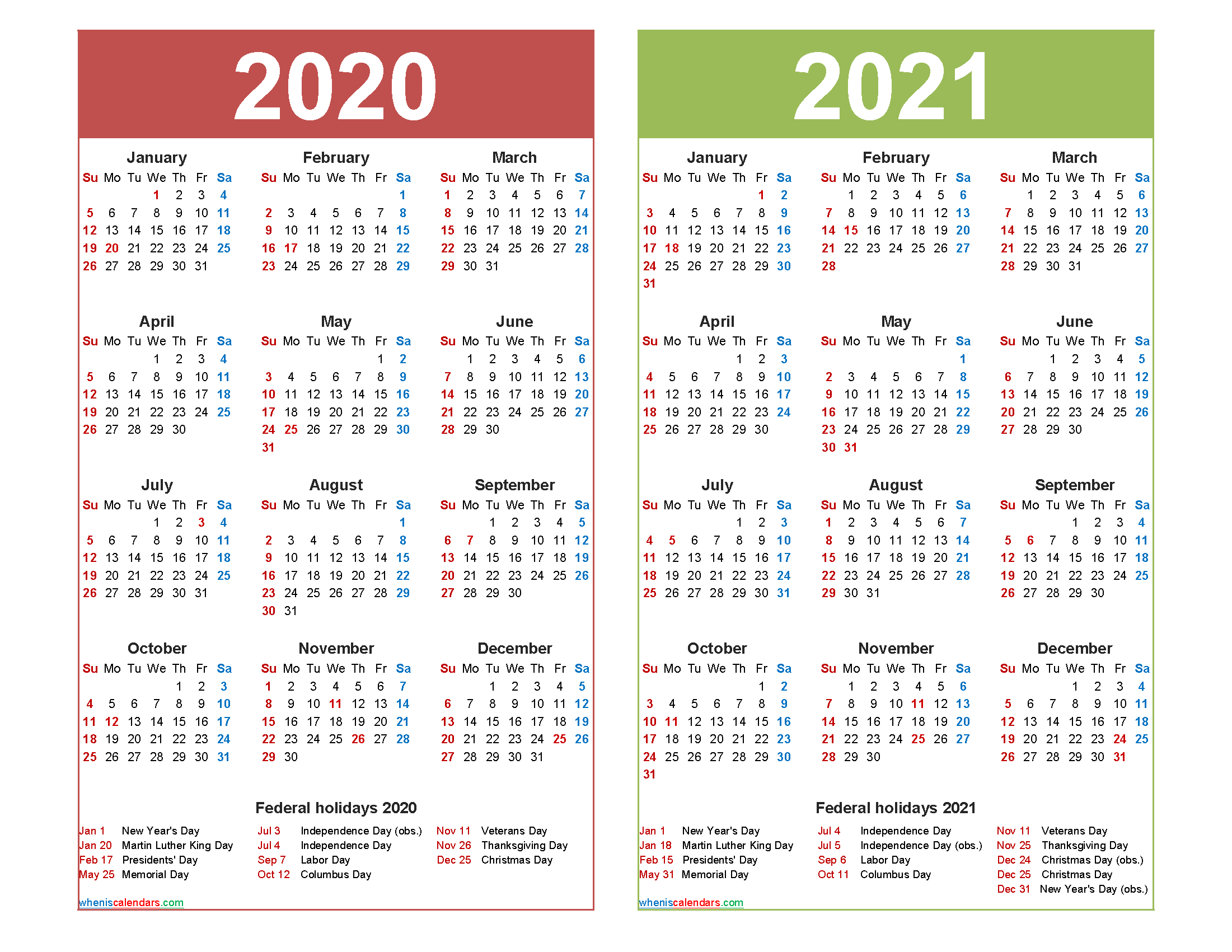 Free 2020 And 2021 Calendar Printable With Holidays | Free