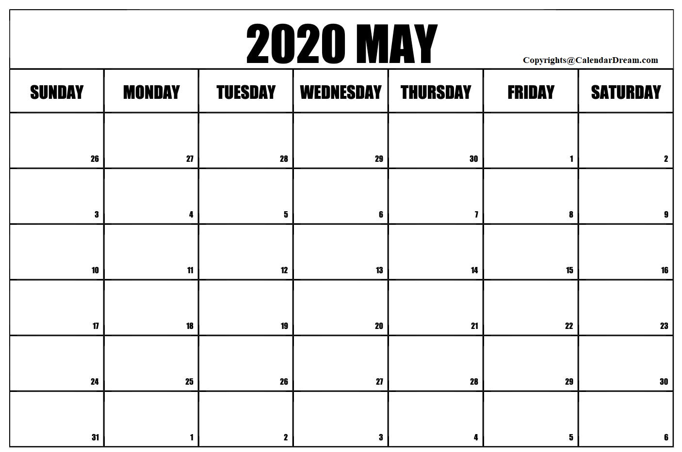 Free Blank May 2020 Printable Calendar Template [Pdf