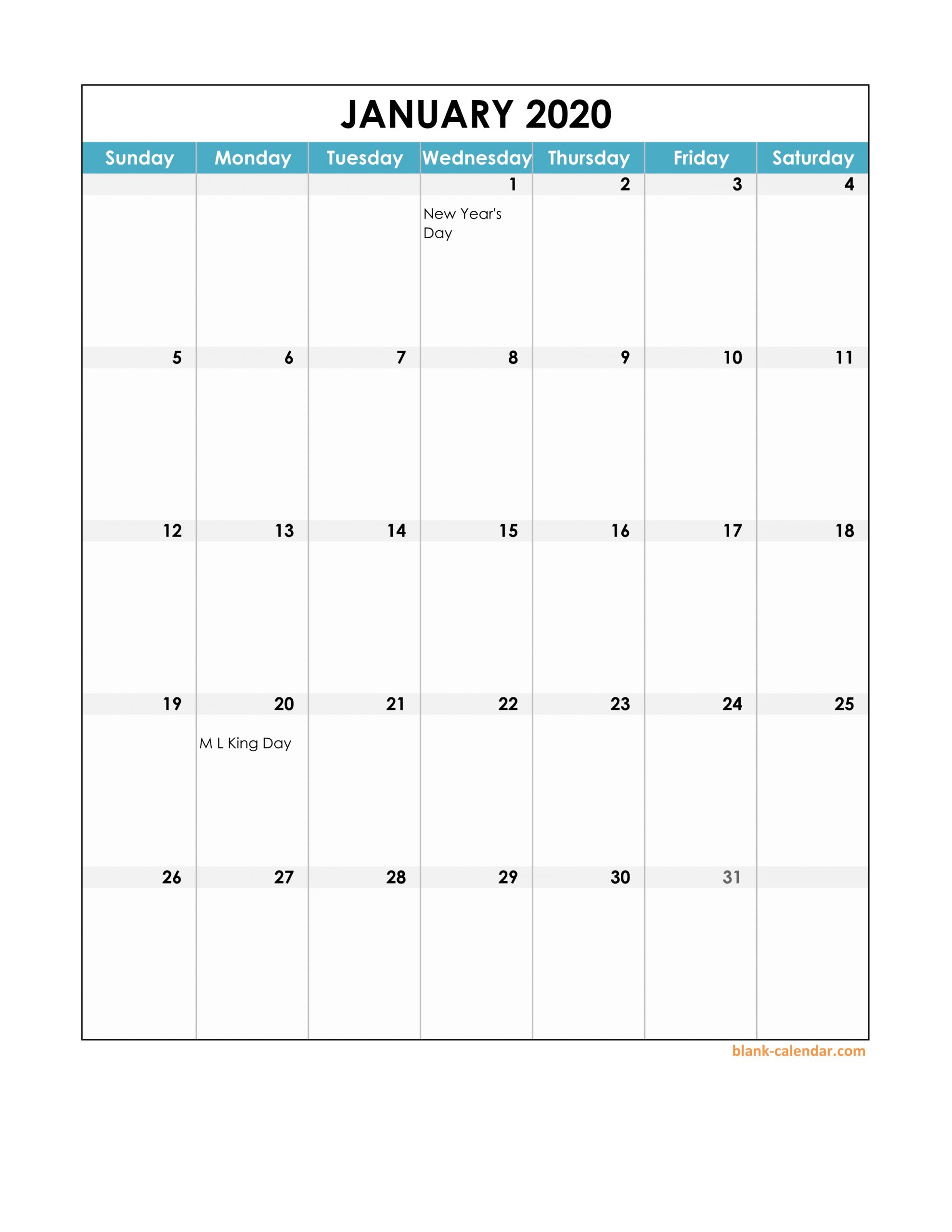 Free Download 2020 Excel Calendar, Full Page Table Grid, Us