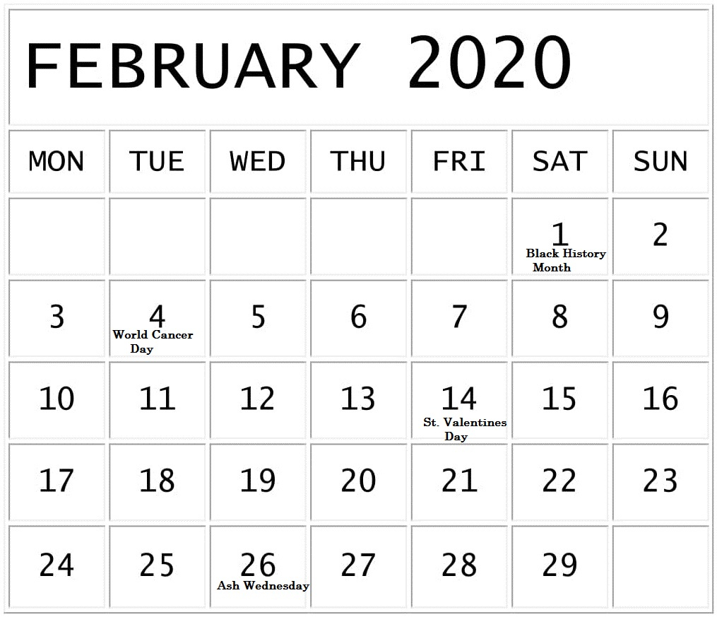 Free February Holidays 2020 Calendar Template In Us, Uk
