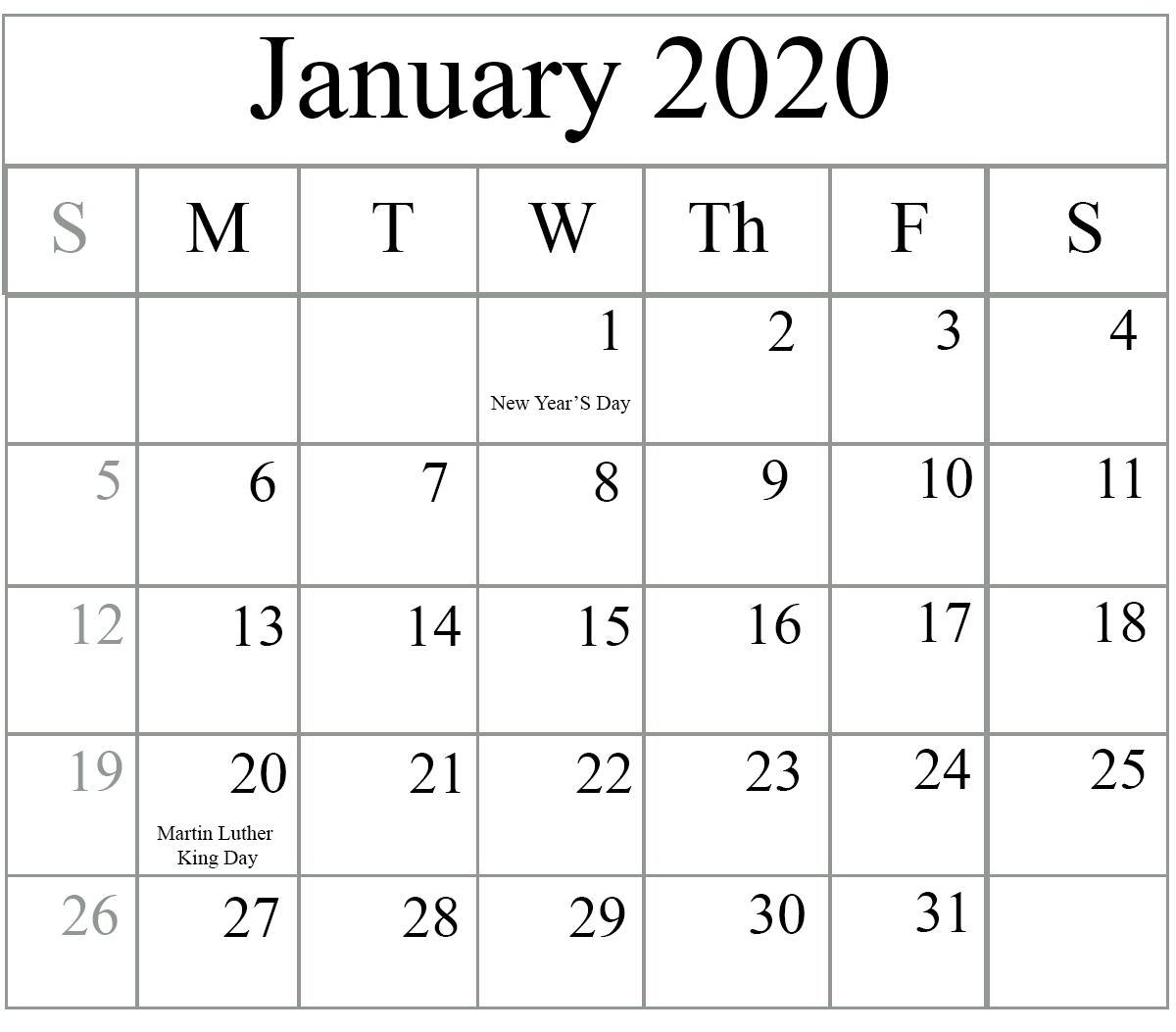 Free January Holidays Calendar 2020 Printable Template