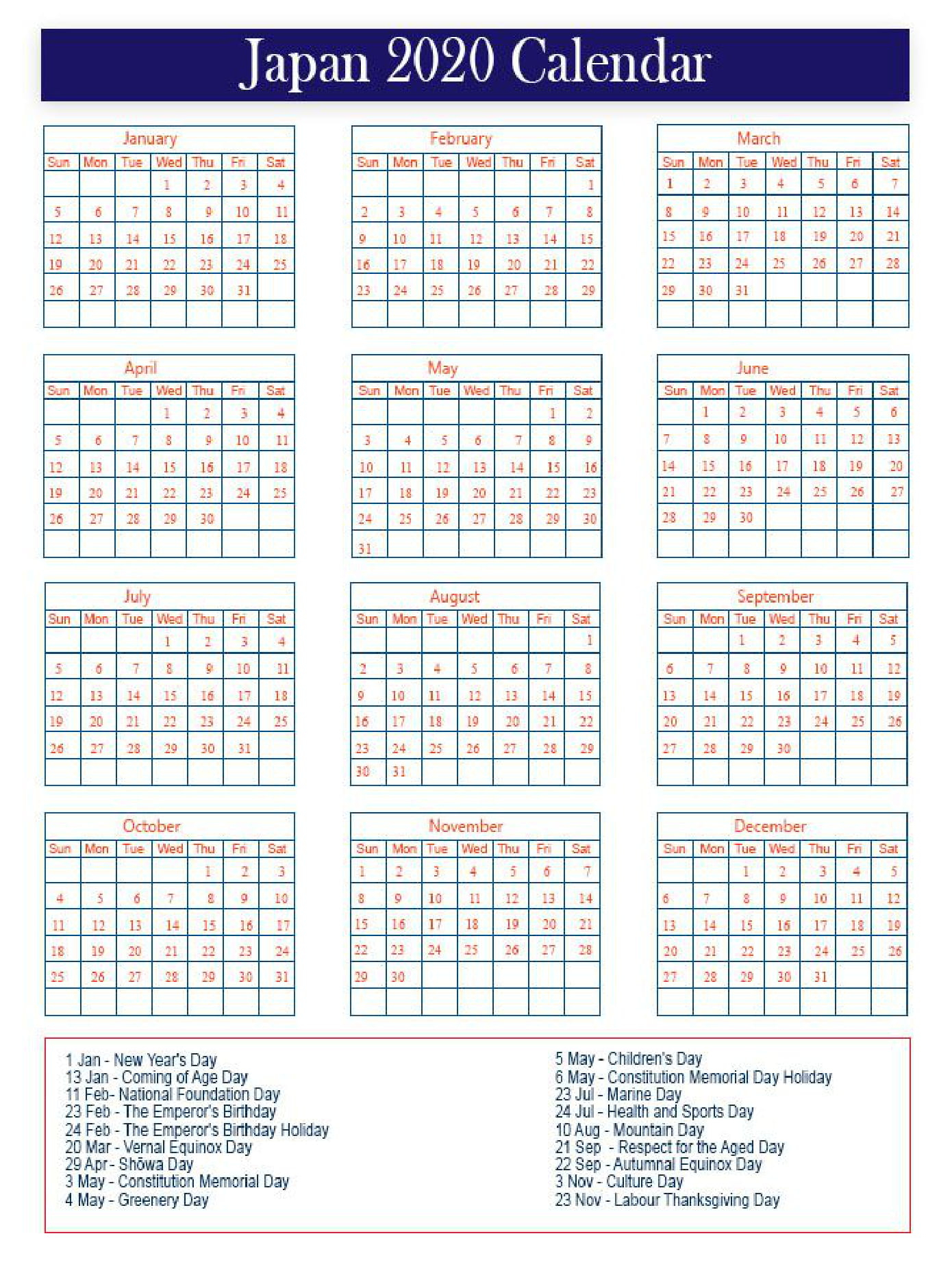 Free Japan Public Holidays 2020 Calendar | Calendar Wine