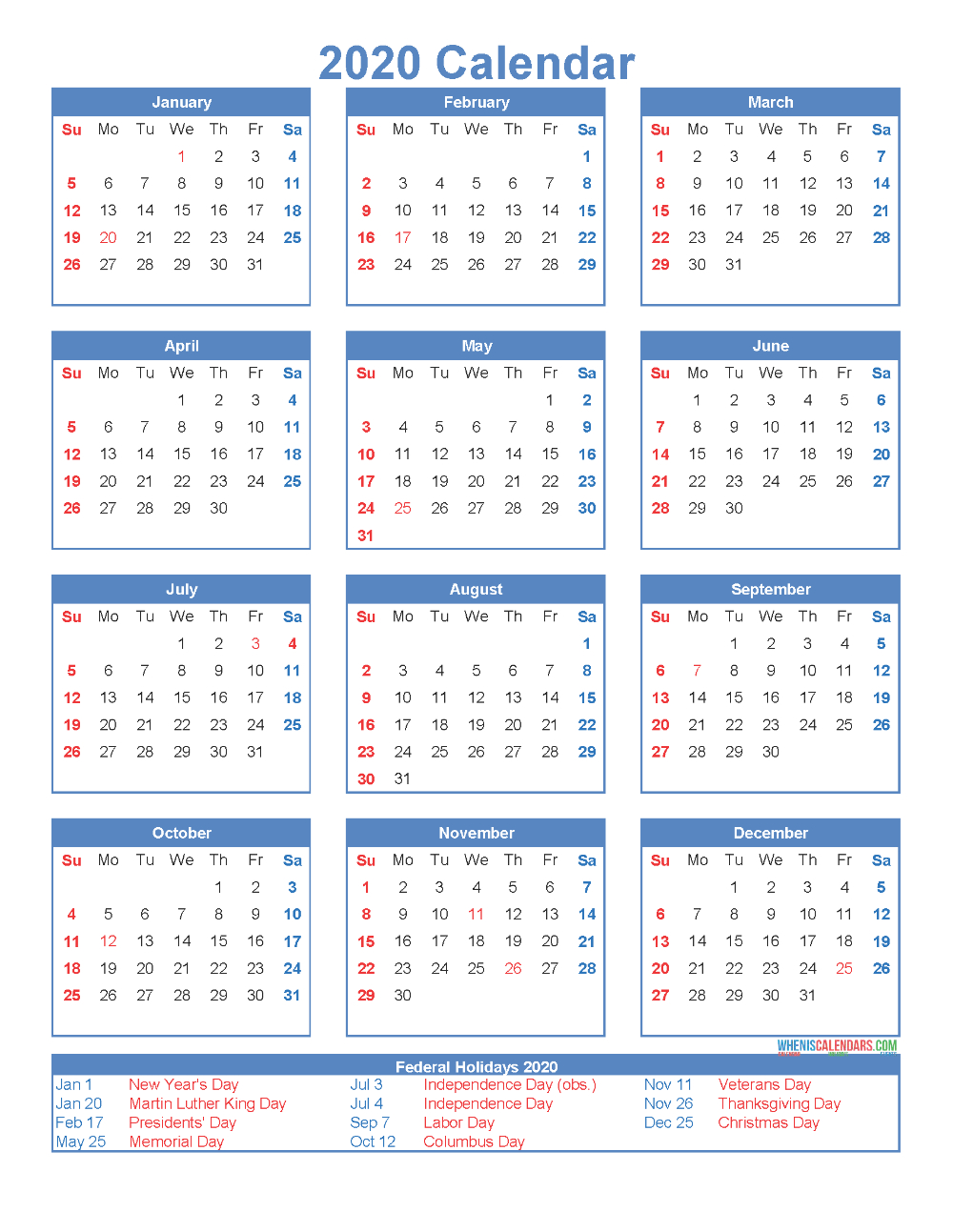Free Printable 12 Month Calendar 2020 With Holidays