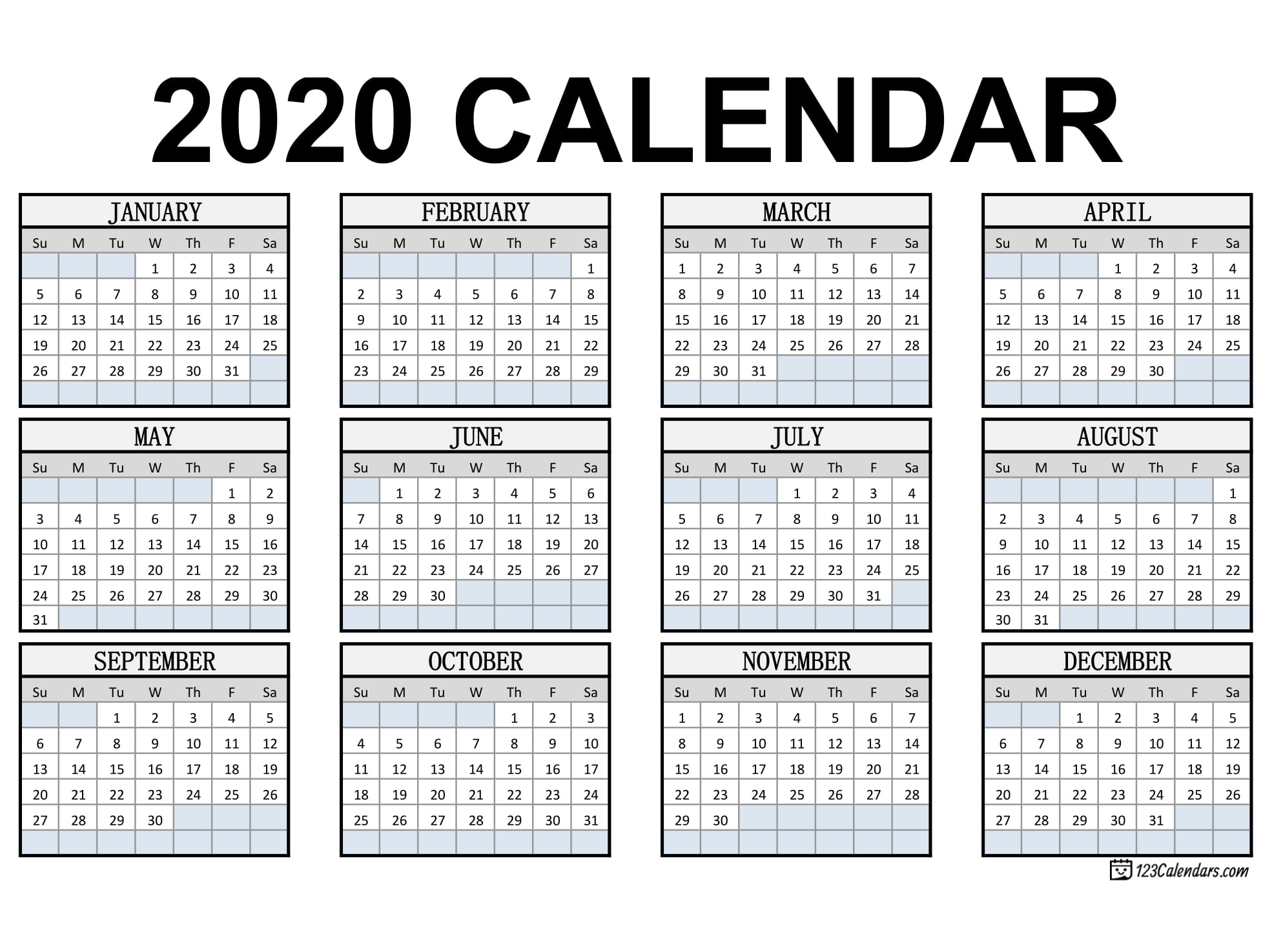 Free Printable 2020 Calendar | 123Calendars