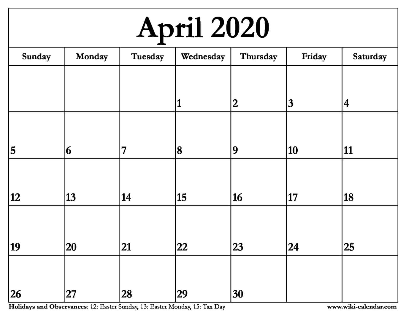 Free Printable April 2020 Calendar-Printable Monday Through