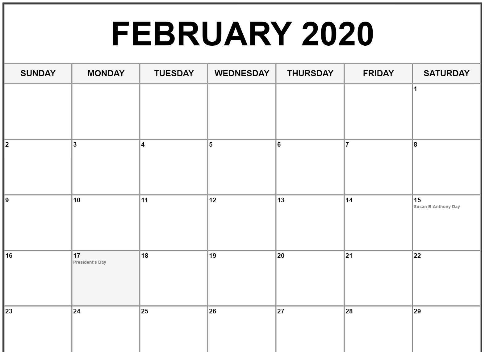 Free Printable February Holidays 2020 Calendar Template