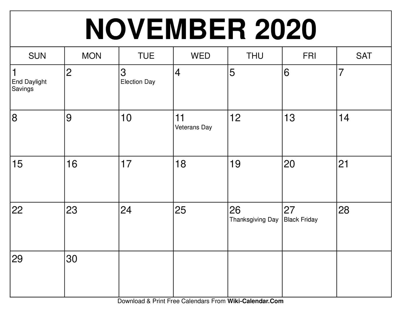 Free Printable November 2020 Calendars