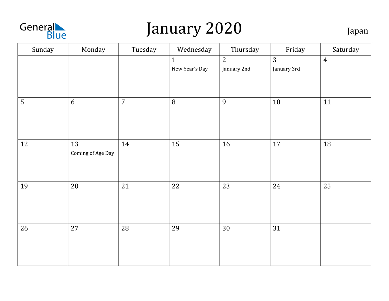 January 2020 Calendar - Japan