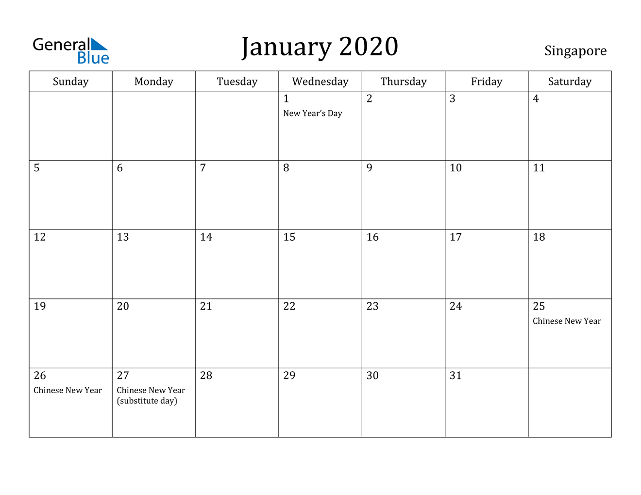 January 2020 Calendar - Singapore