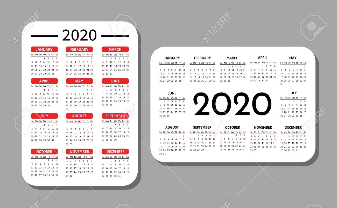 Pocket Calendar Template. Calendar Grid For 2020. Horizontal..