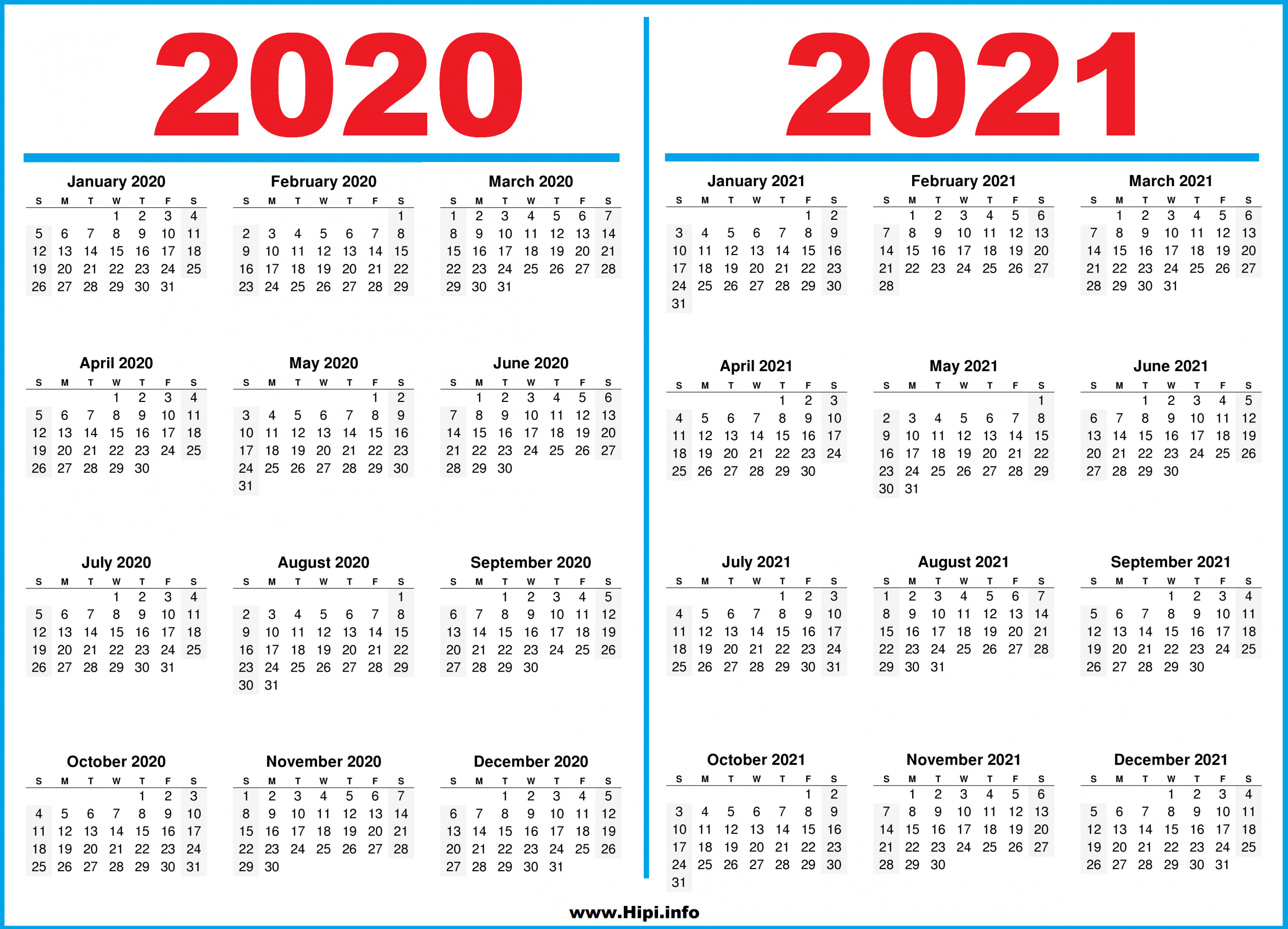 Printable 2 Year Calendar 2020 And 2021 - Hipi