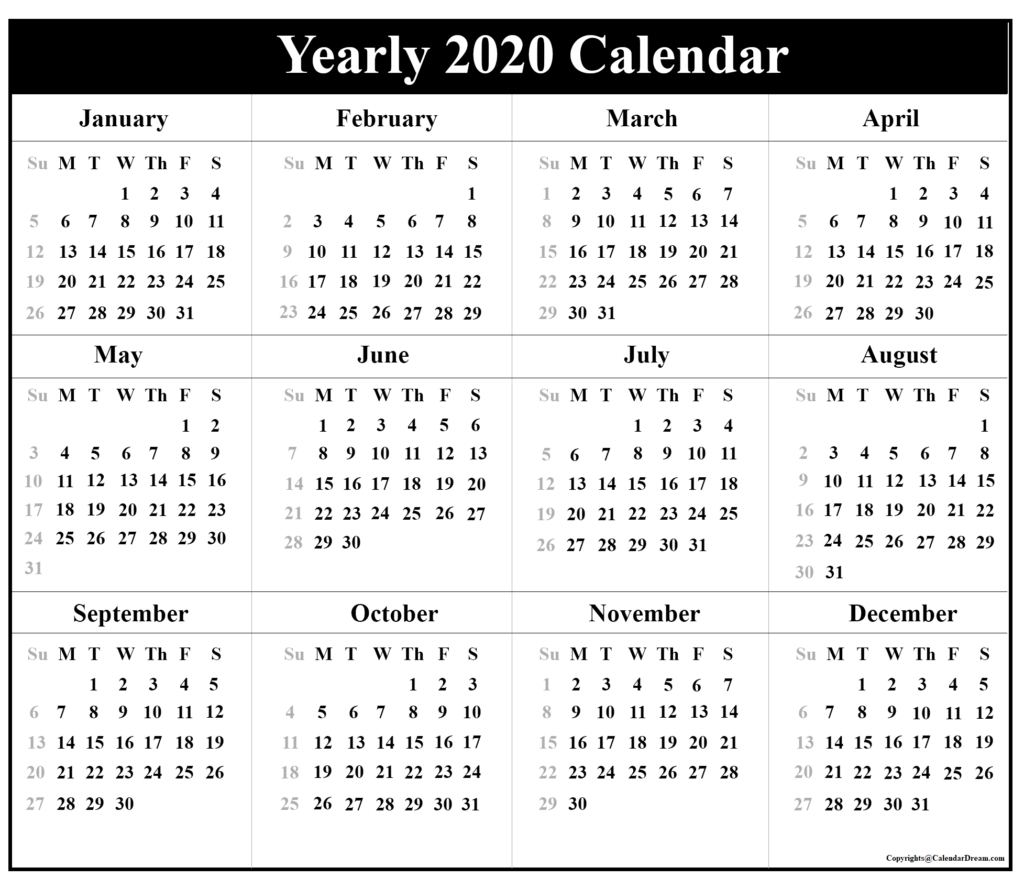 Printable Blank Yearly 2020 Calendar Template [Pdf
