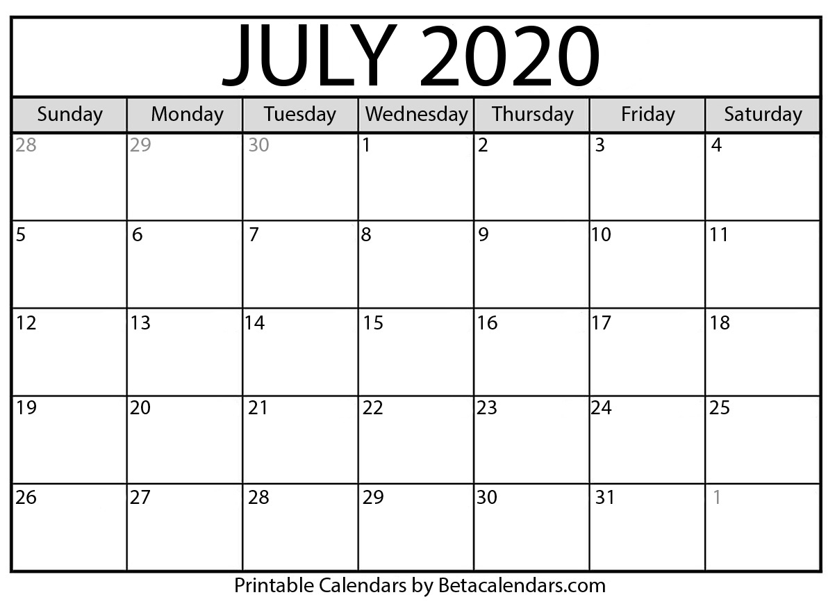 Printable July 2020 Calendar - Beta Calendars