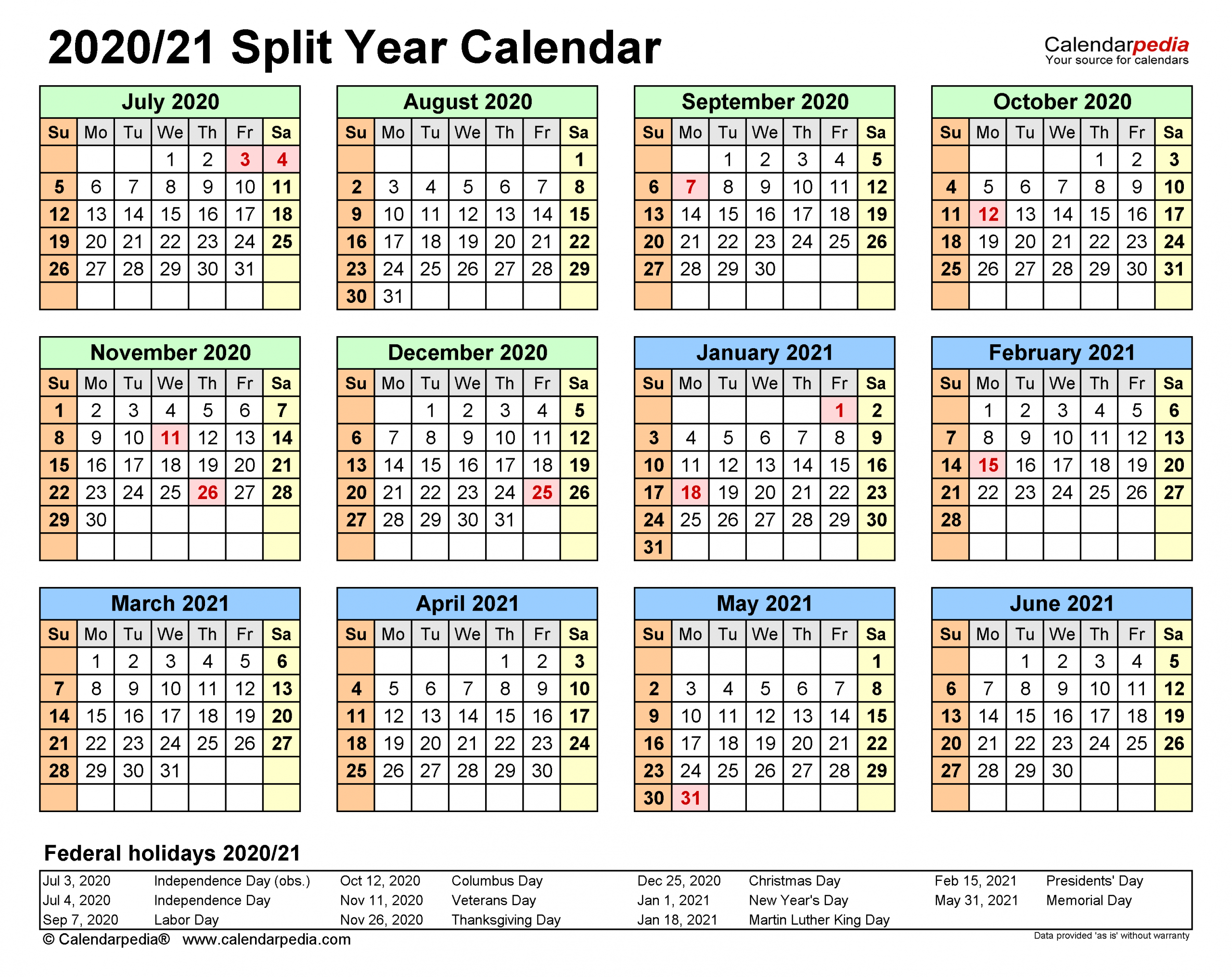 Split Year Calendars 2020/2021 (July To June) - Excel Templates