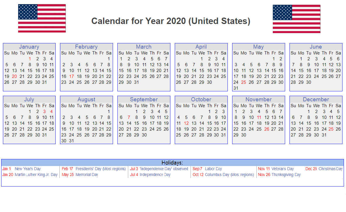 Us 2020 Calendar Yearly 12 Month Printable (With Images