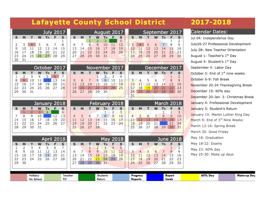 2017-2018 School Calendar - Lafayette County School District