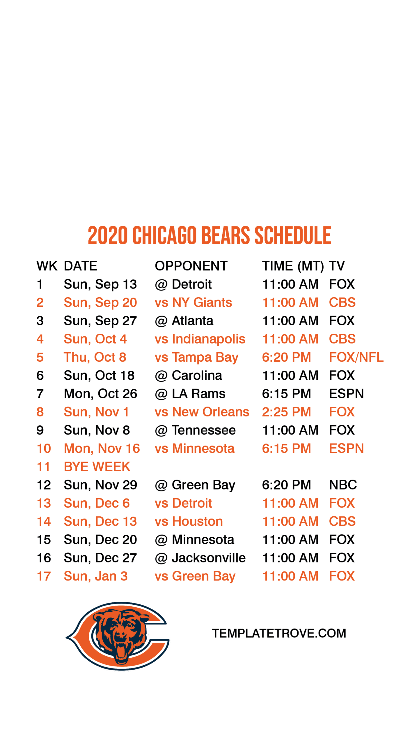 2020-2021 Chicago Bears Lock Screen Schedule For Iphone 6