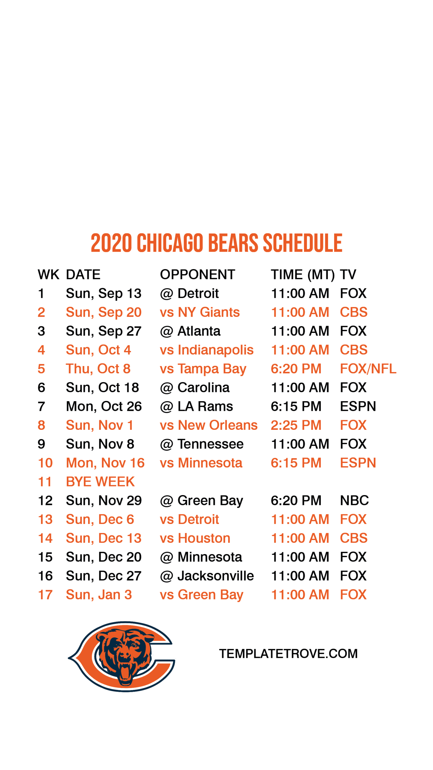 Chicago Bears Schedule Printable Cincinnati Bengals, Noon Sunday, Sept.