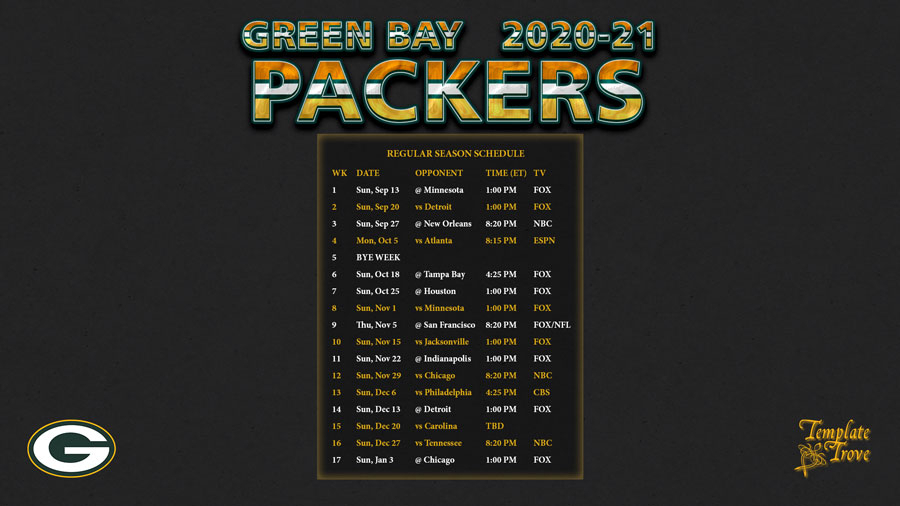 2020-2021 Green Bay Packers Wallpaper Schedule