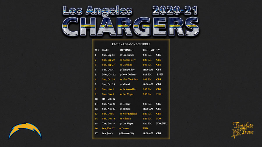 2020-2021 Los Angeles Chargers Wallpaper Schedule