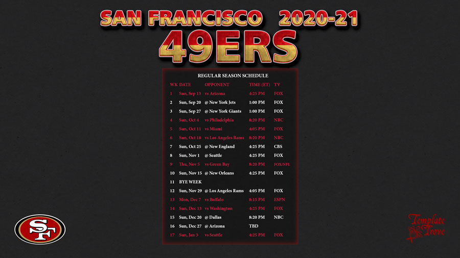 2020-2021 San Francisco 49Ers Wallpaper Schedule