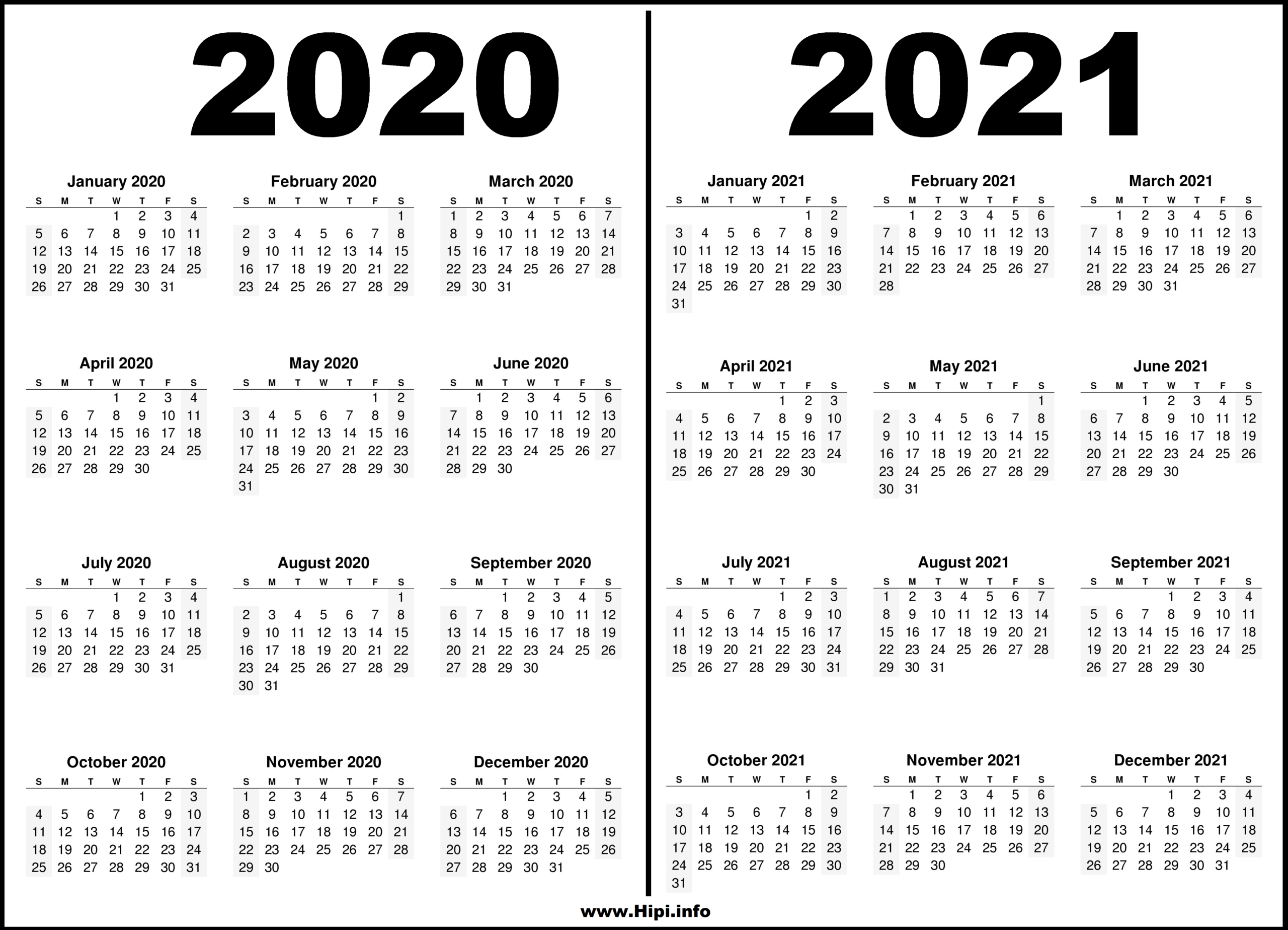 2020 - 2021 Two Year Calendars Black And White - Hipi