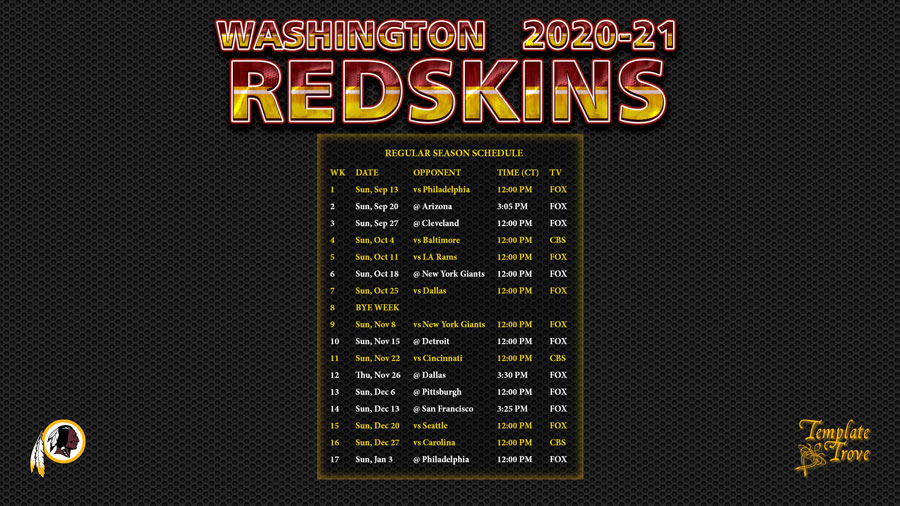 2020-2021 Washington Redskins Wallpaper Schedule
