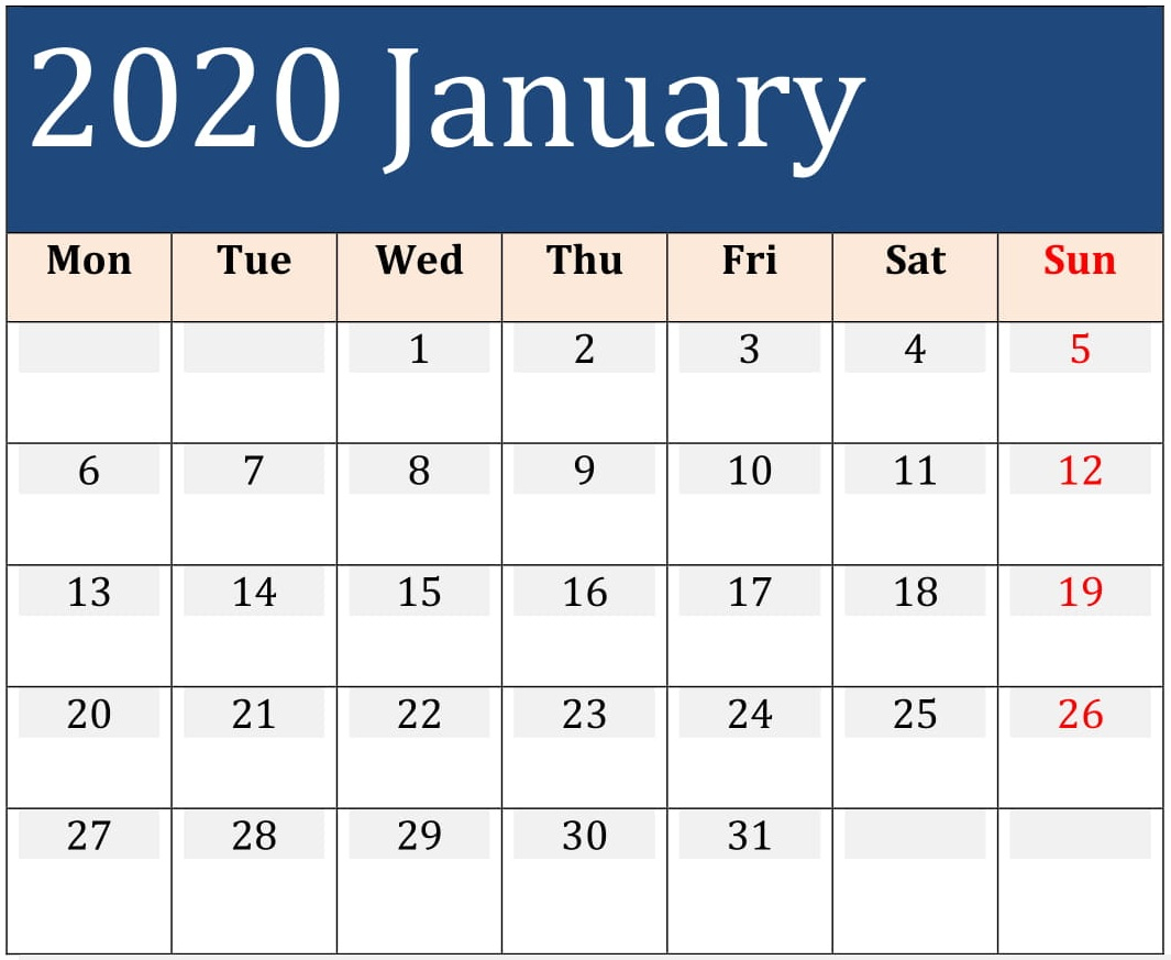 2020 Calendars Large Numbers | Calendar Template Printable