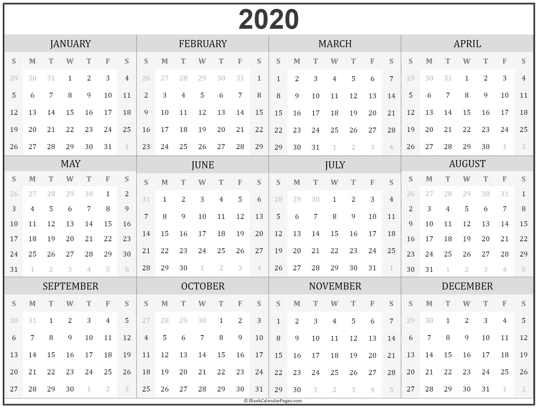 2020 Year Calendar | Yearly Printable
