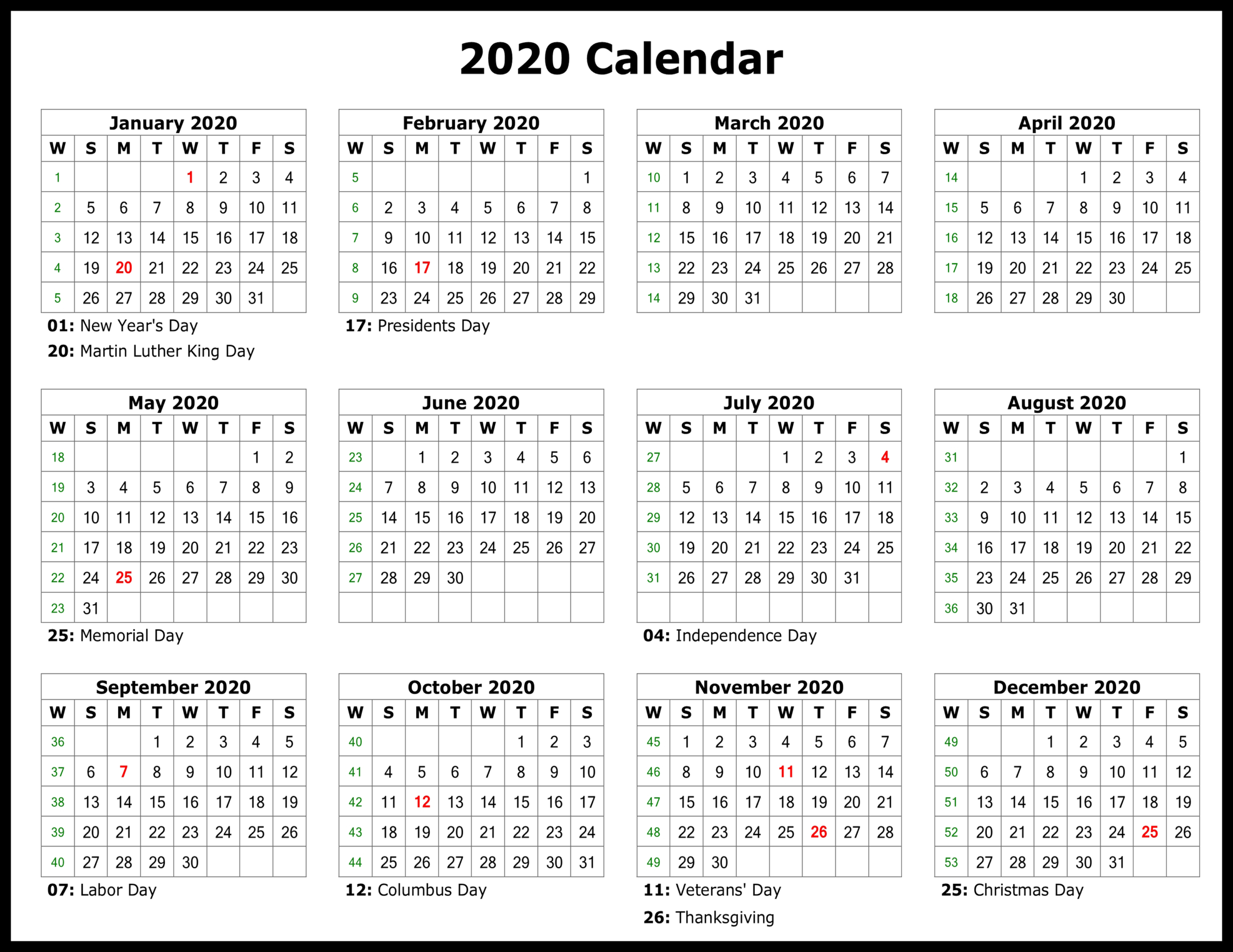 2020 Yearly Calendar Download Sunday Through Saturday