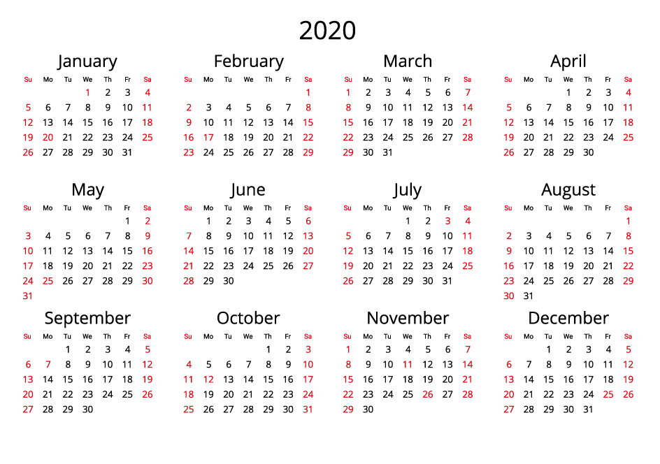 2020 Yearly Calendar - Free Download Jpg Format