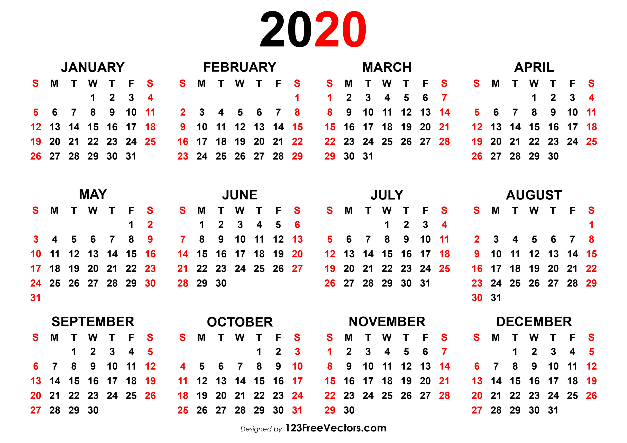 2020 Yearly Calendar With Boxes | Calendar Template