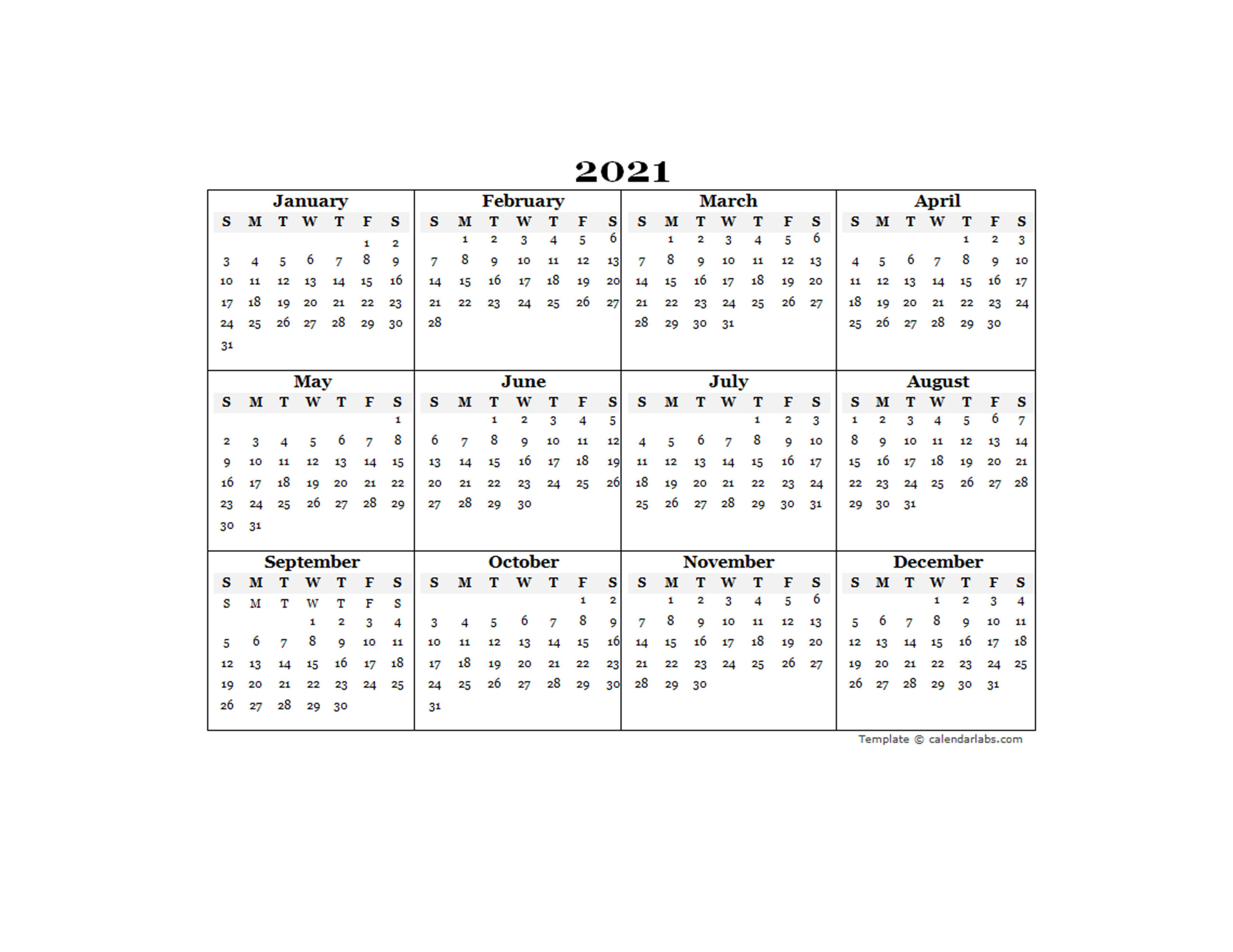 2021 Blank Yearly Calendar Template - Free Printable Templates