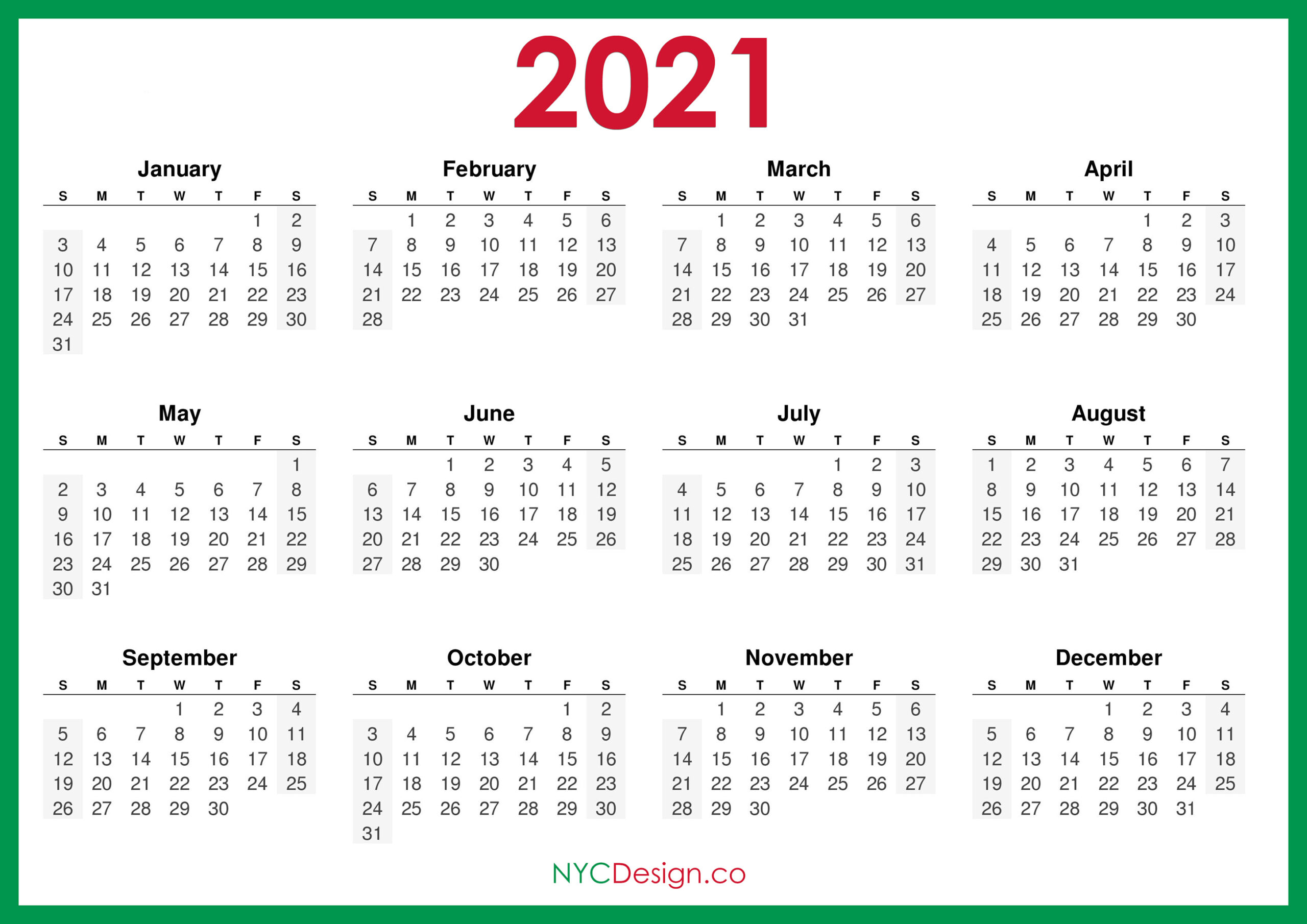 2021 Calendar Printable Free, Horizontal, Green, Hd