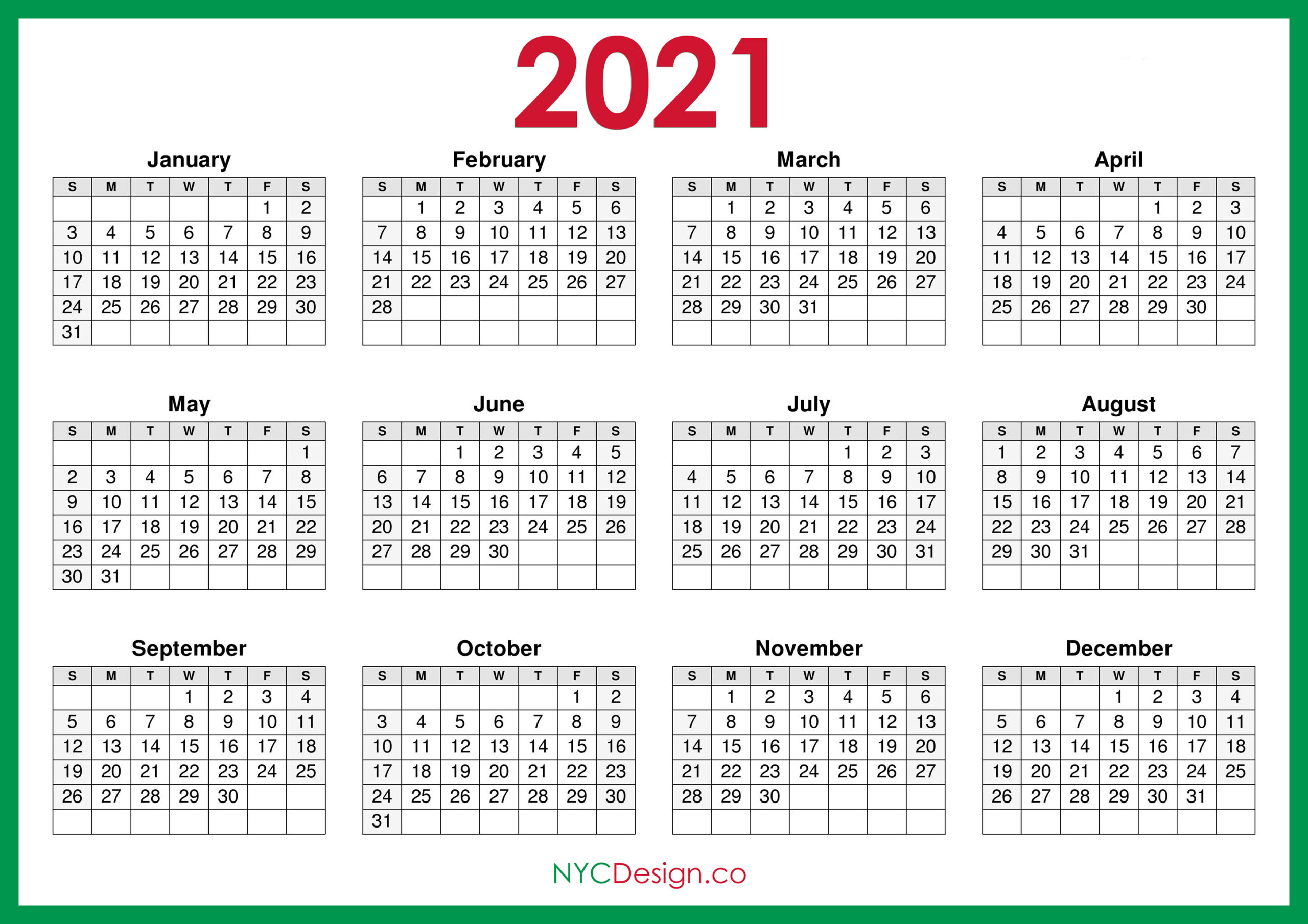 2021 Calendar Printable Free, Horizontal, Green, Hd
