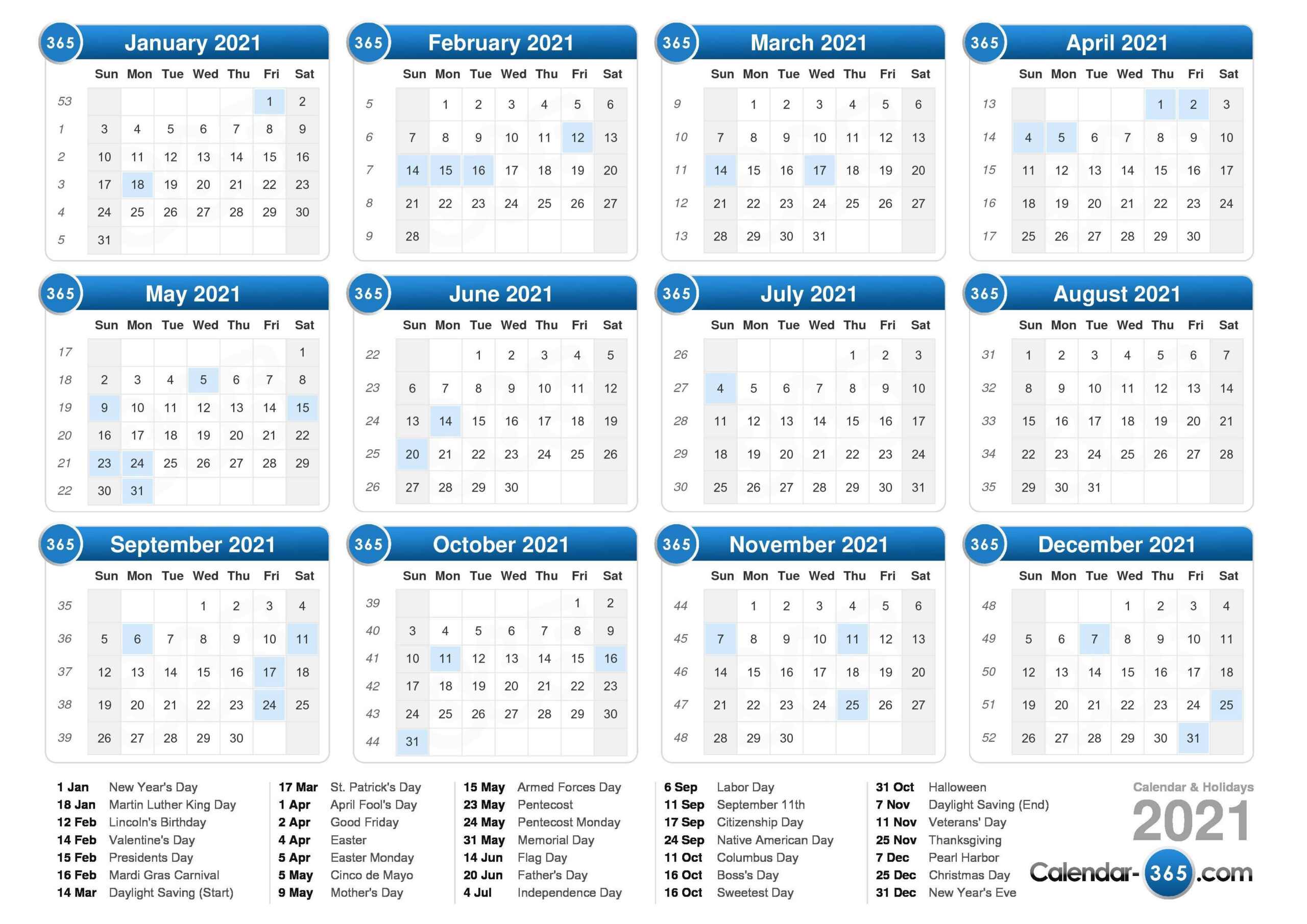 2021 Calendar With Week Numbers Free 365 Days | Free