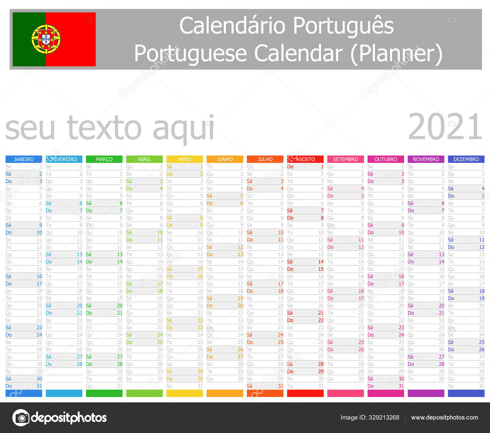 2021 Рік Португальський Календар Вертикальні Місяці Білому