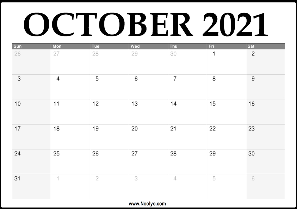 2021 October Calendar Printable – Download Free – Noolyo