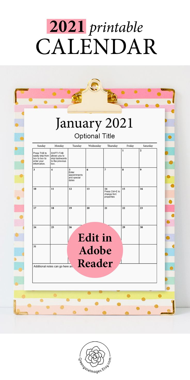 2021 Printable Calendar - Fillable Planner, Editable Pdf