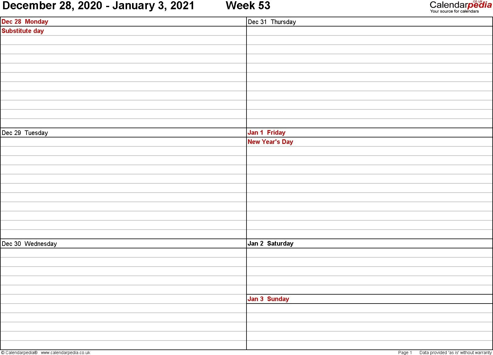2021 Weekly Calendar Excel Free Di 2020