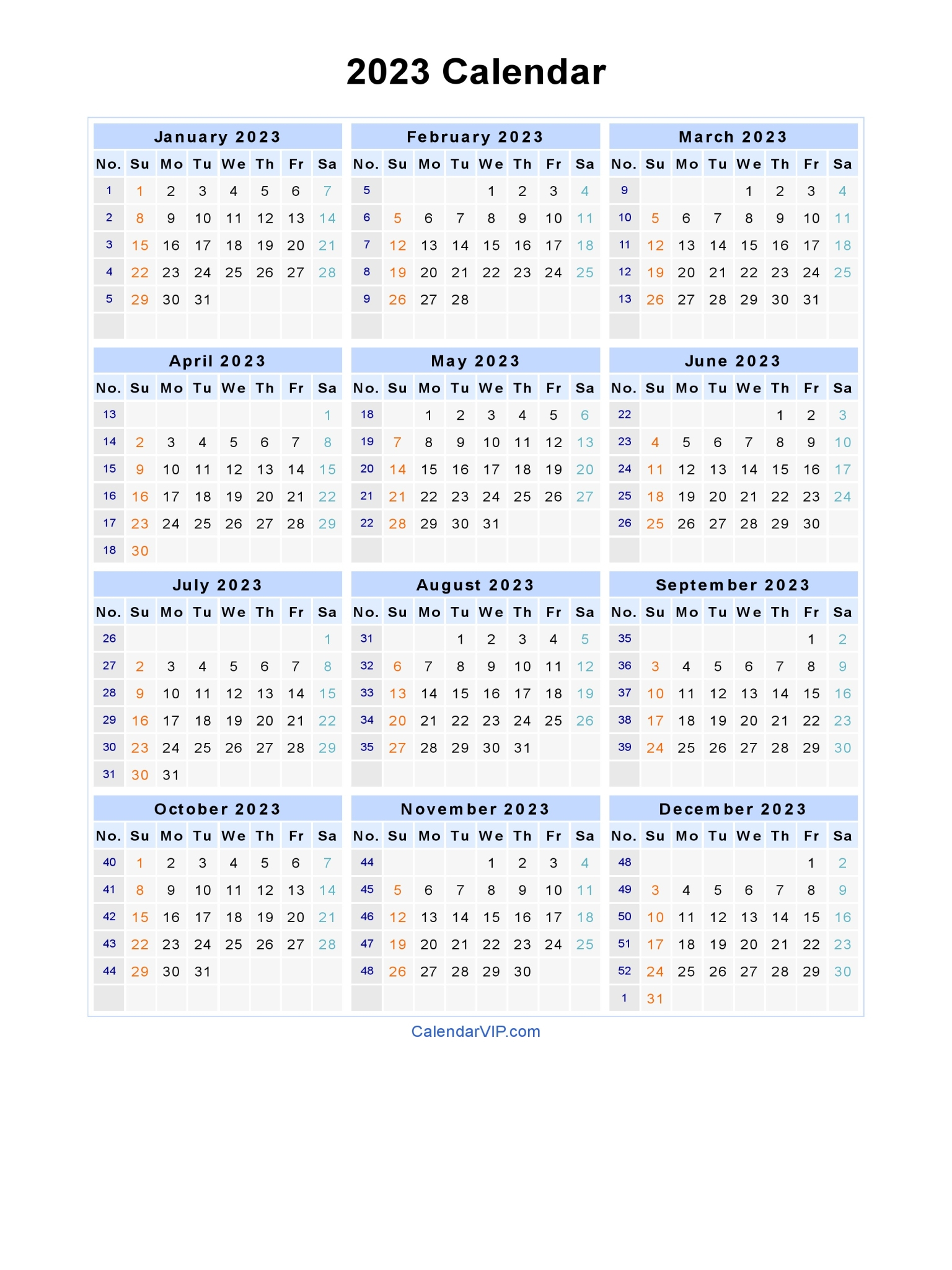 Printable 2023 Calendar With Week Numbers Time And Date Calendar 2023