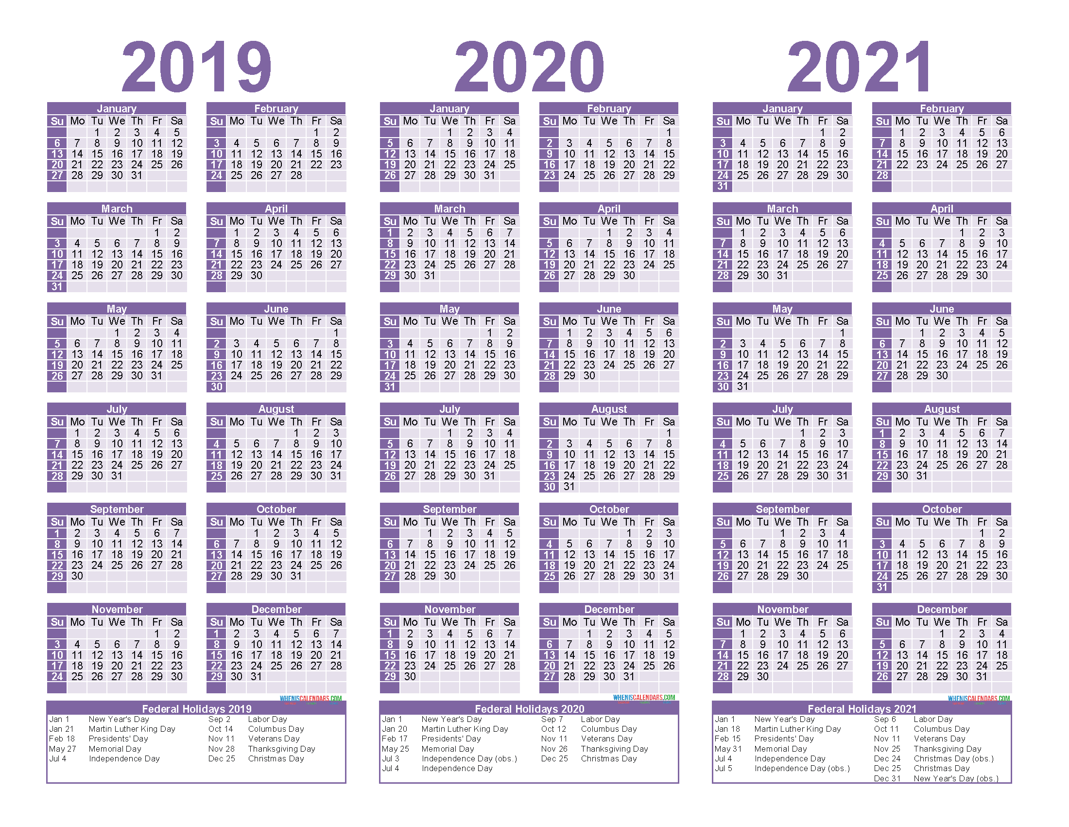 3 Year Calendar 2019 To 2021 Printable With Holidays
