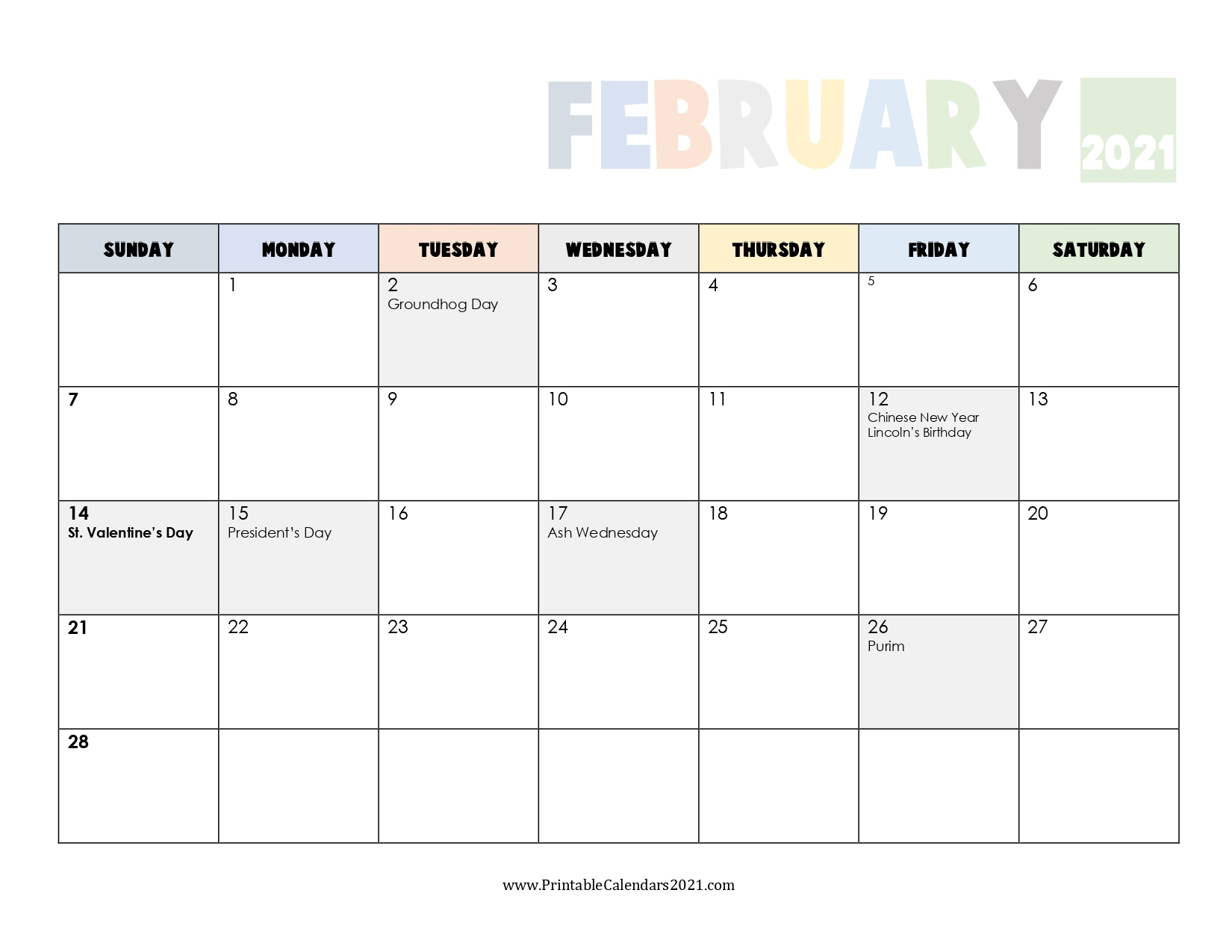 65+ Free February 2021 Calendar Printable With Holidays