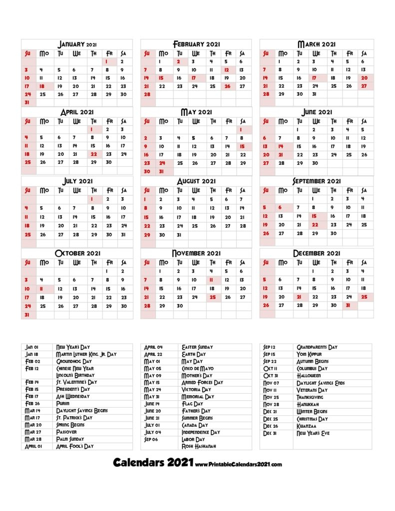 68+ Design Printable 2021 Calendar One Page With Holidays