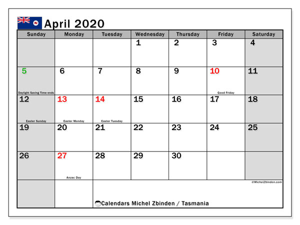 April 2020 Calendar, Tasmania (Australia) - Michel Zbinden En