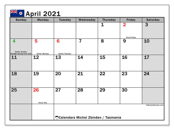 April 2021 Calendar, Tasmania (Australia) - Michel Zbinden En