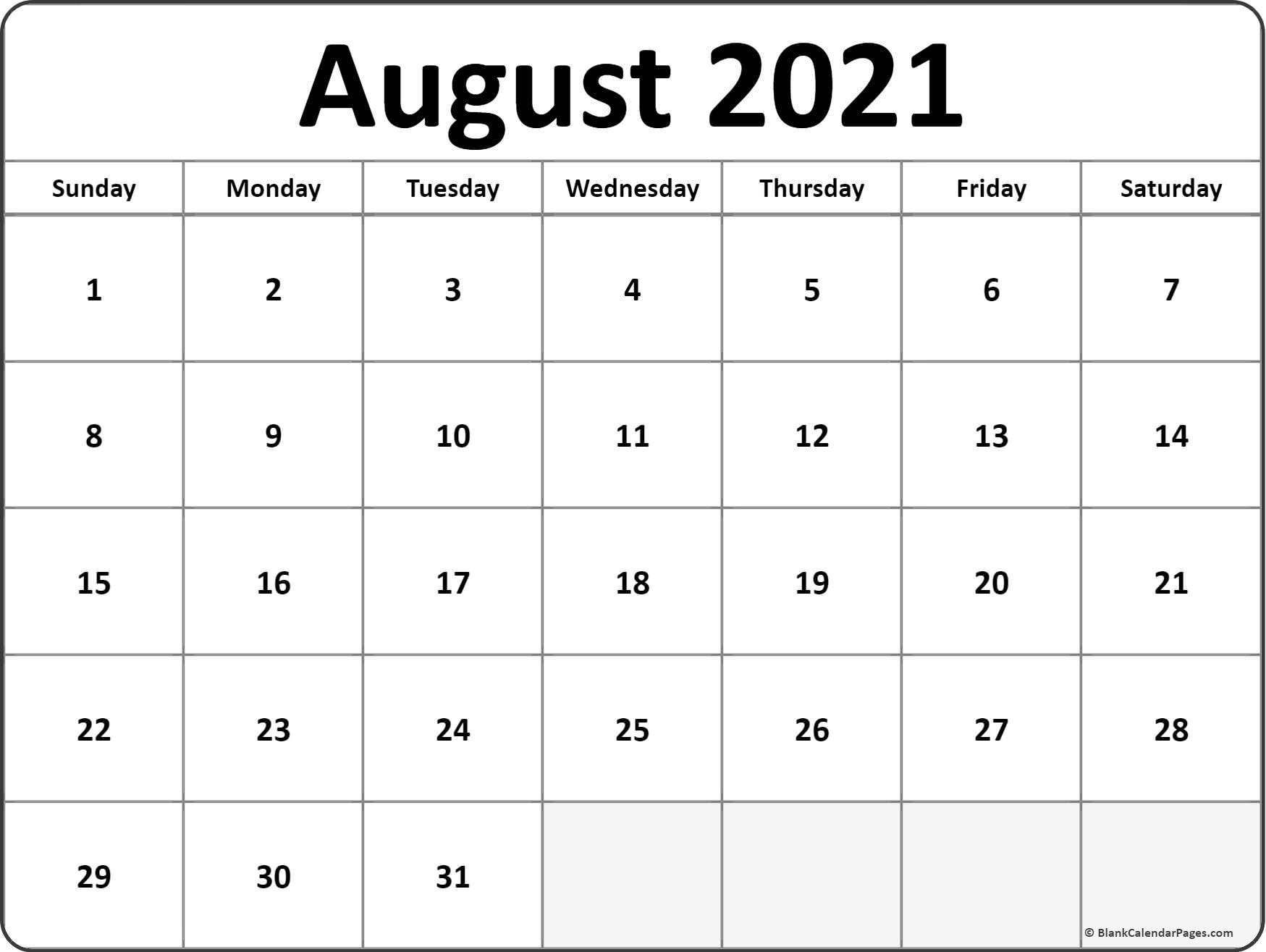 August 2021 Calendar | Free Printable Monthly Calendars