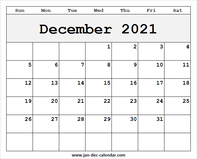 Blank Printable December Calendar 2021 Template Free