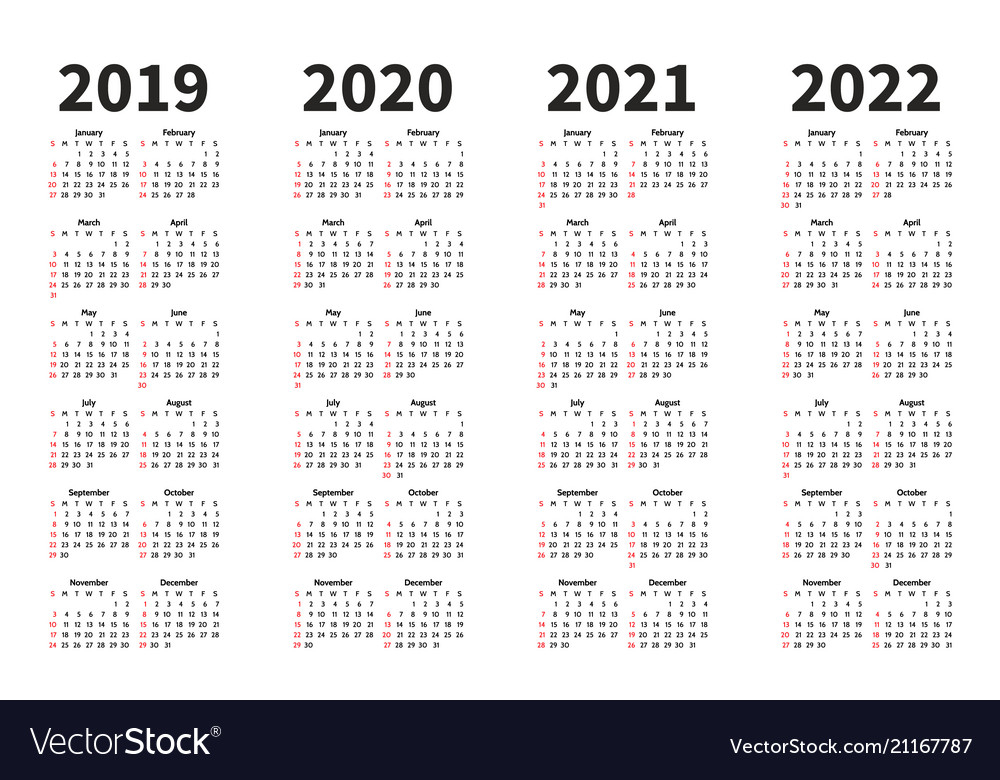 Calendar 2019 2020 2021 And 2022 Year Royalty Free Vector
